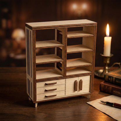 Miniature mid-century modern bookcase made of laser cut plywood. Features open shelves, three drawers, and a small cabinet. Shown on a study desk with a candle and books, highlighting the natural birch wood grain and precise dark edges.
