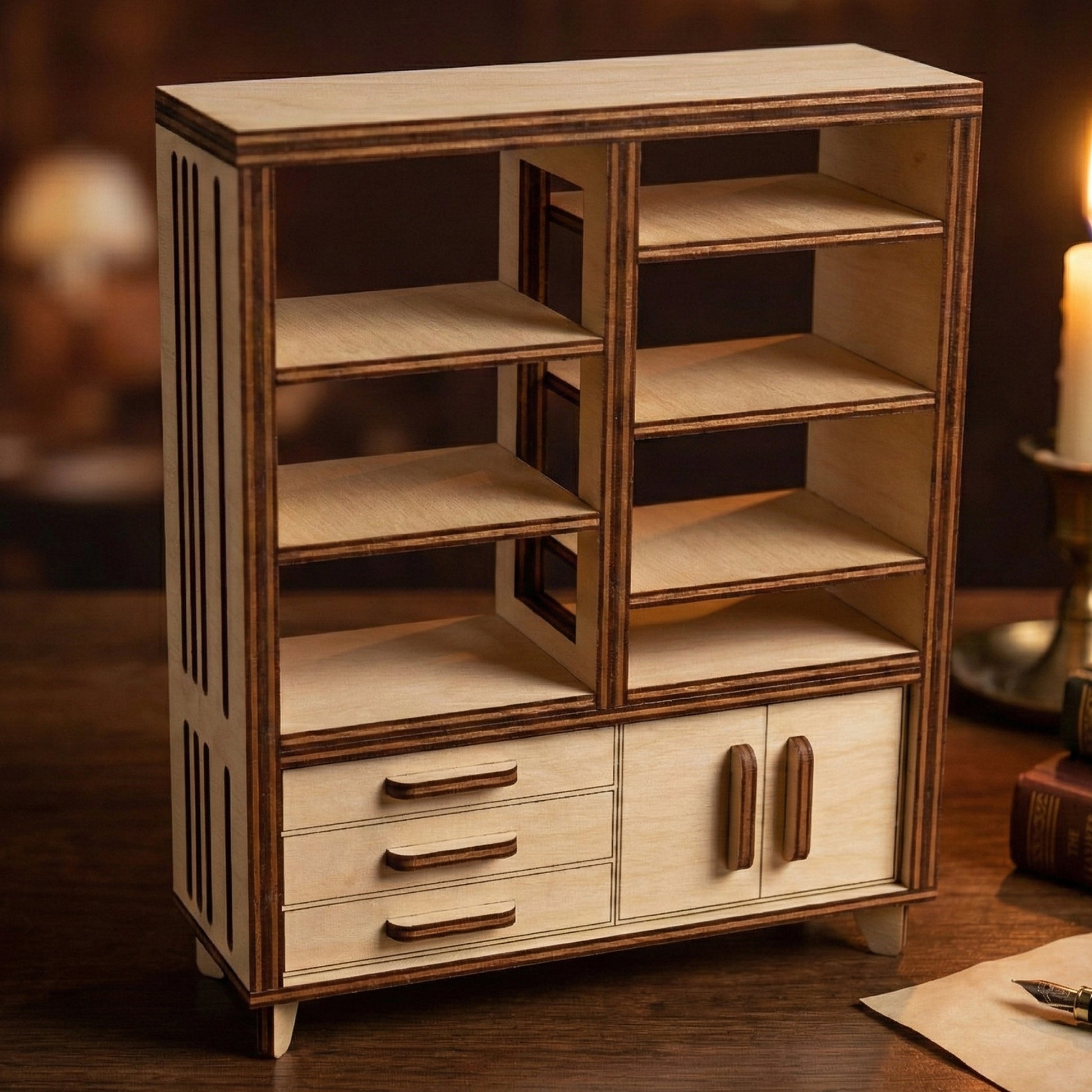 Miniature mid-century modern bookcase made of laser cut plywood. Features open shelves, three drawers, and a small cabinet. Shown on a study desk with a candle and books, highlighting the natural birch wood grain and precise dark edges.