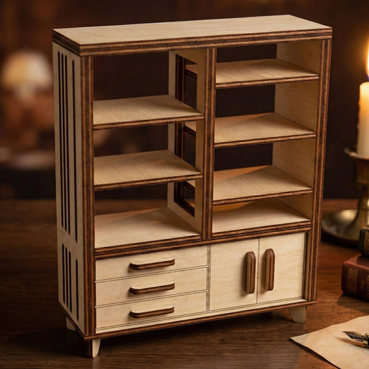 Miniature mid-century modern bookcase made of laser cut plywood. Features open shelves, three drawers, and a small cabinet. Shown on a study desk with a candle and books, highlighting the natural birch wood grain and precise dark edges.