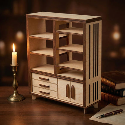 Side view of a 3D dollhouse bookcase crafted from laser cut plywood. The design includes vertical decorative slats and tapered legs. Displayed in a cozy library setting with a lit candle, emphasizing the high-quality interlocking joints.