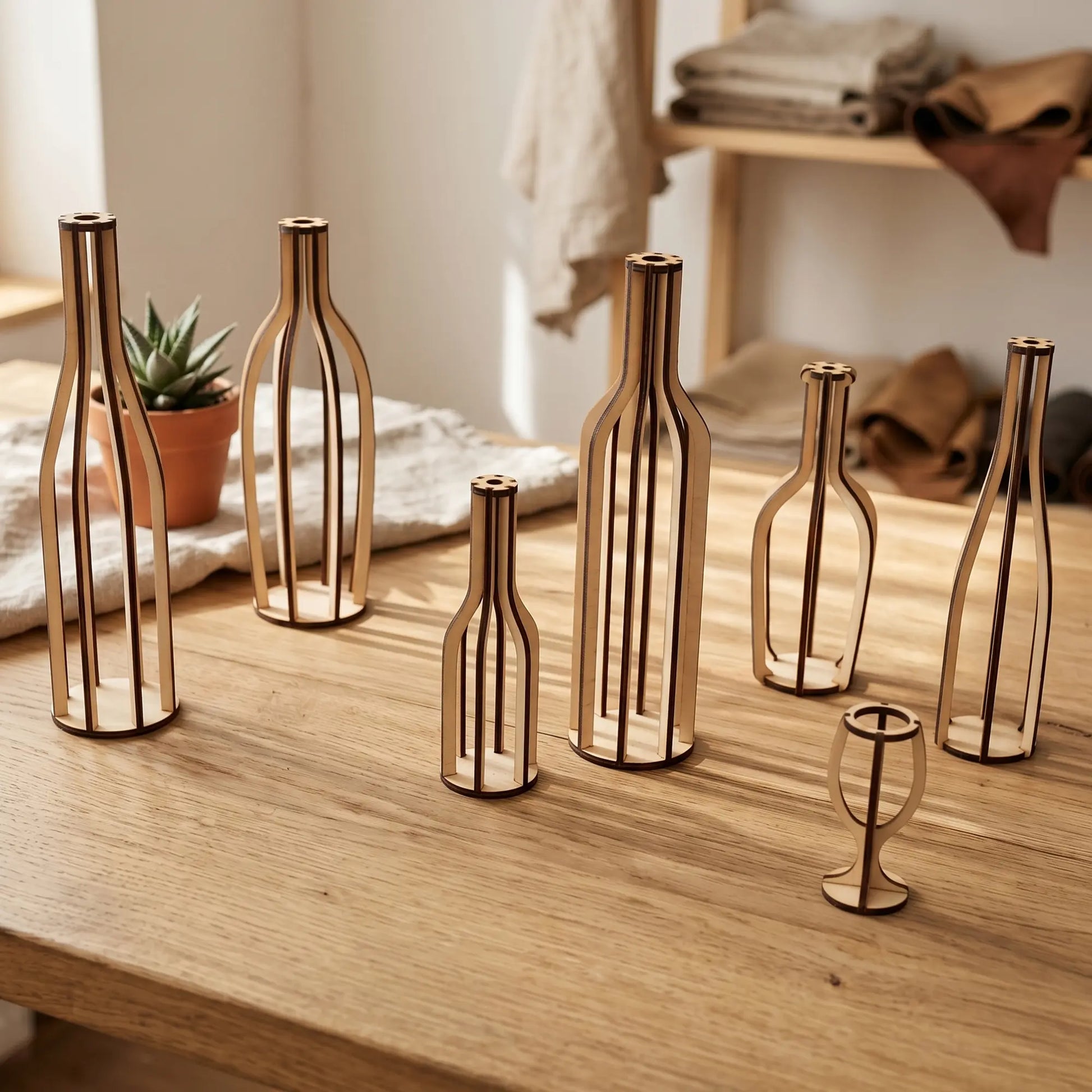 Minimalist laser cut plywood bottle silhouettes on a light wooden table near a potted succulent and soft linen table cloth