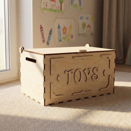A closed rectangular toy chest made from natural laser cut plywood. The front features the word "TOYS" in raised wooden lettering with decorative corner accents. It sits on a plush carpet in a sunlit playroom with children's drawings on the wall.