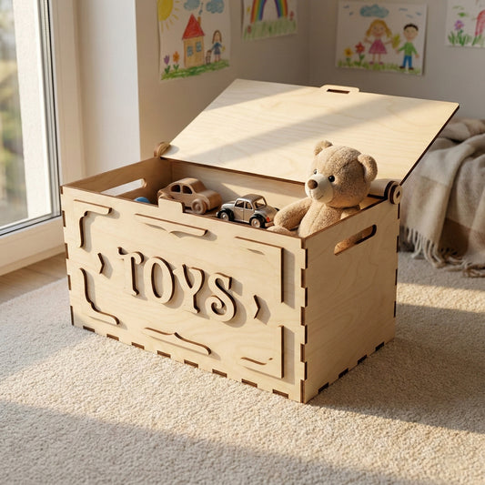 An open laser cut plywood toy box showing the finger-jointed edges and hinged lid. Inside, a teddy bear and wooden toy cars are visible. The box has functional cutout handles on the sides and sits in a bright, cozy nursery setting.