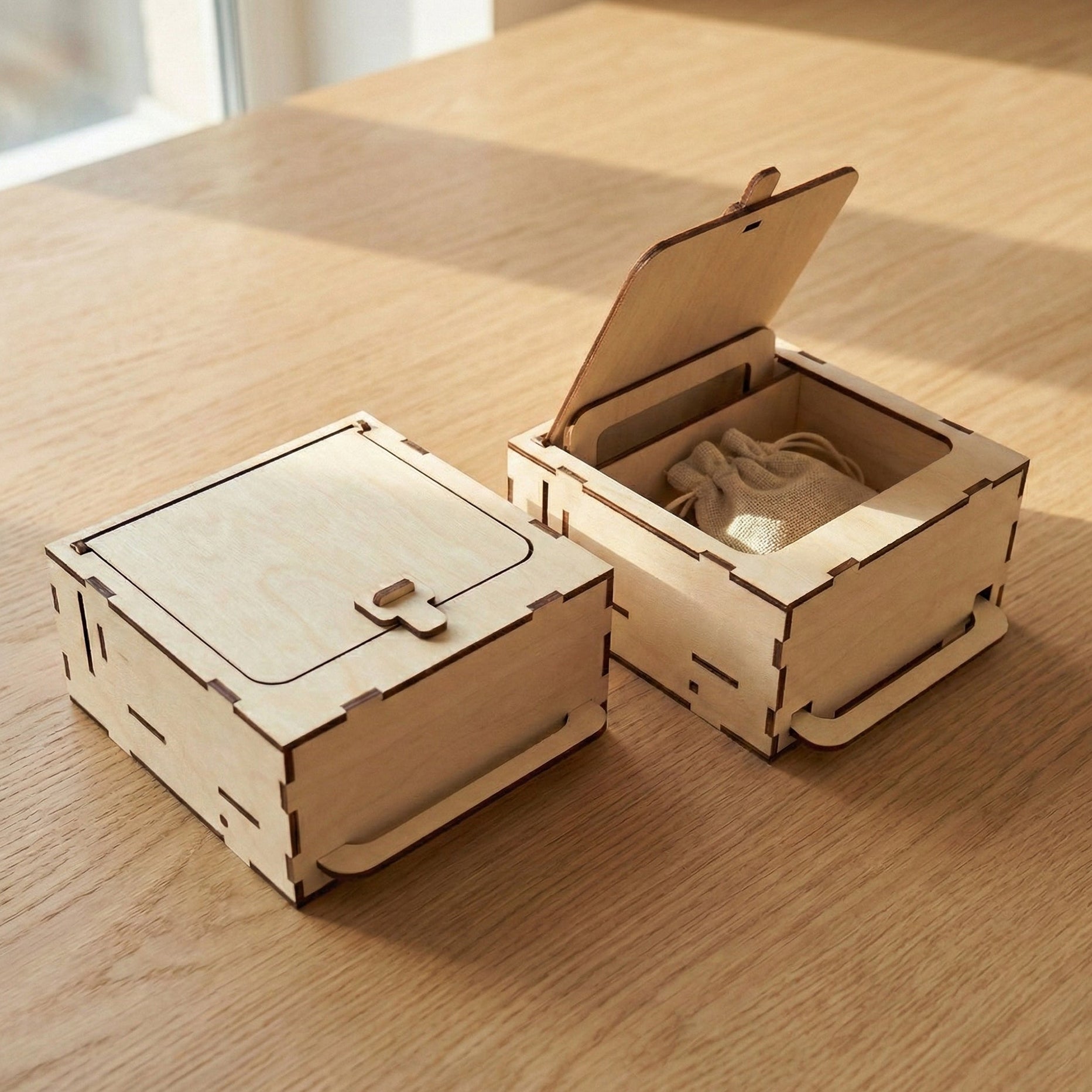 Two square laser cut plywood boxes on a wooden table. One is closed with a small latch; the other is open via a lever mechanism, revealing a small linen drawstring pouch inside. Features clean finger-joint edges and natural wood grain.