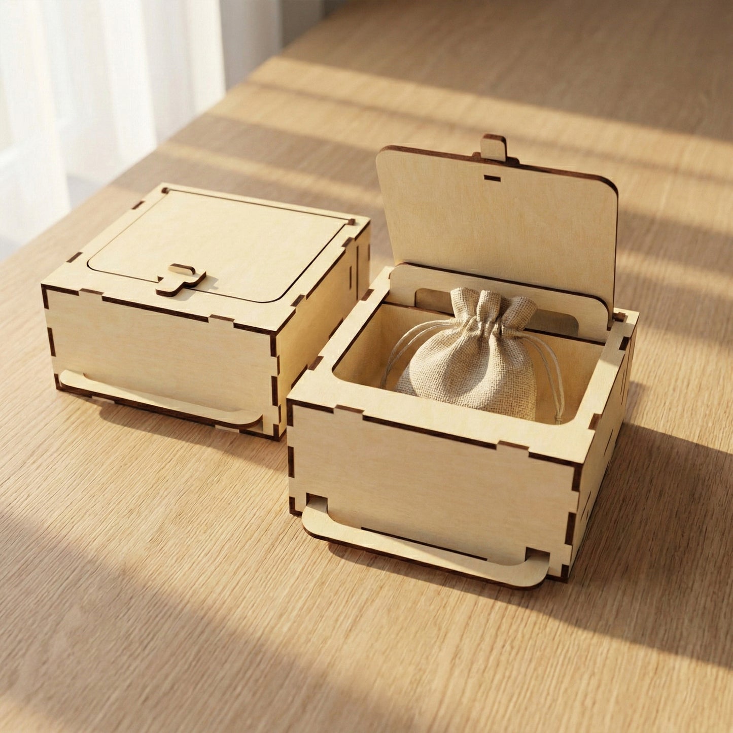 Pair of laser cut plywood secret boxes. One box remains closed, while the other's lid is raised by a bottom lever to show a burlap jewelry bag tucked inside. Captured in bright, natural sunlight on a light wood surface.