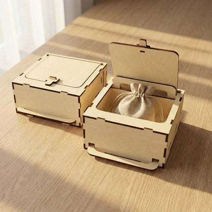 Pair of laser cut plywood secret boxes. One box remains closed, while the other's lid is raised by a bottom lever to show a burlap jewelry bag tucked inside. Captured in bright, natural sunlight on a light wood surface.