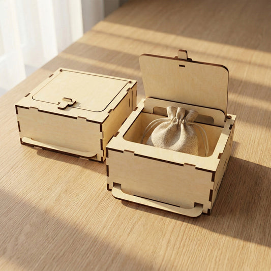 Pair of laser cut plywood secret boxes. One box remains closed, while the other's lid is raised by a bottom lever to show a burlap jewelry bag tucked inside. Captured in bright, natural sunlight on a light wood surface.