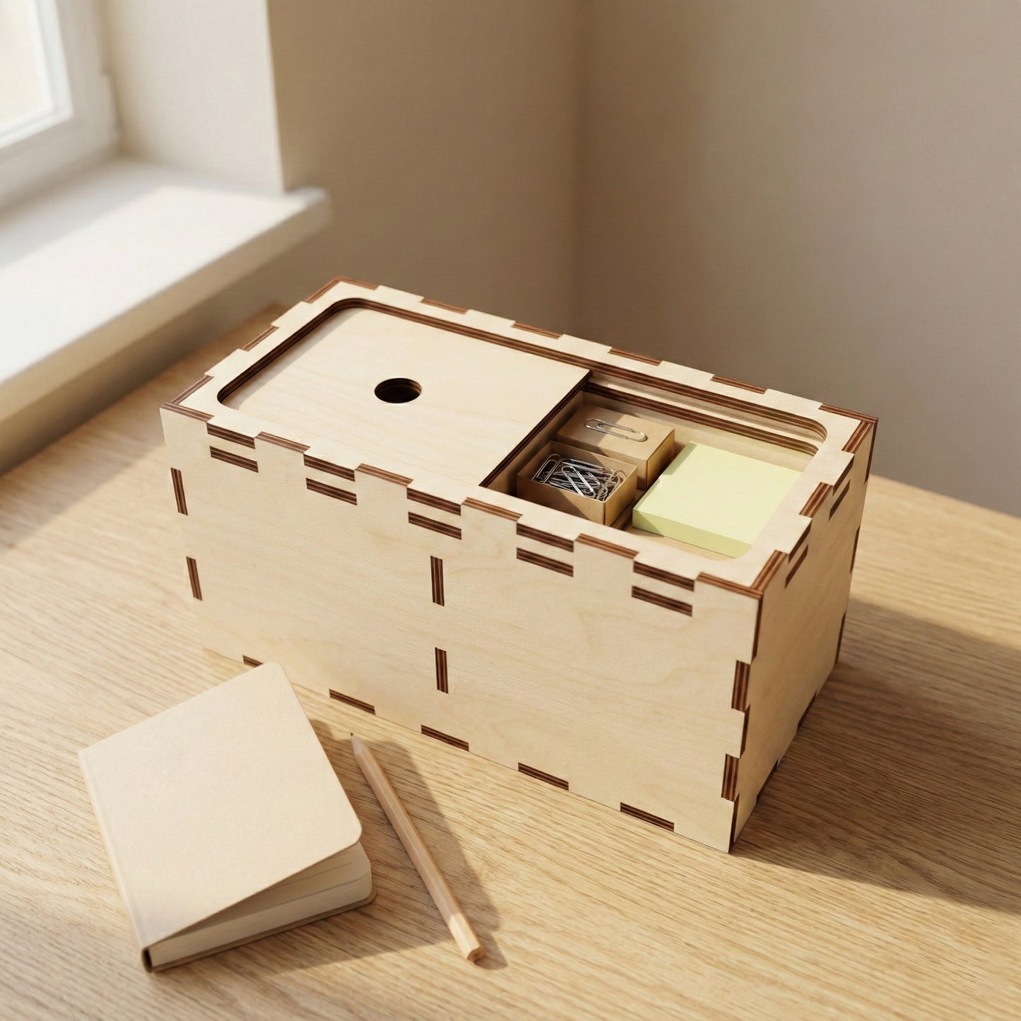 Laser cut plywood desk organizer box with a sliding lid. The lid is partially open, revealing small wooden compartments with paperclips and sticky notes inside. Shows finger joint edges, a finger hole for sliding, and a notebook and pencil nearby.