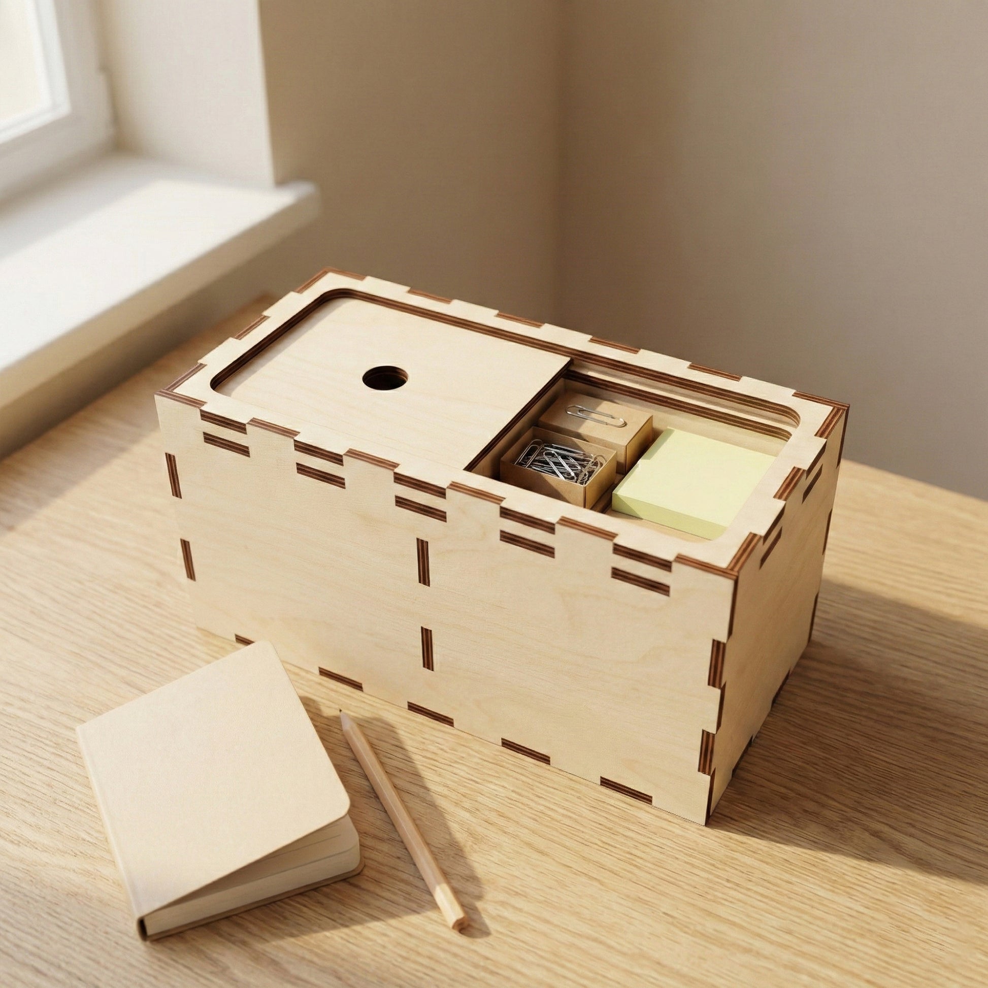 Laser cut plywood desk organizer box with a sliding lid. The lid is partially open, revealing small wooden compartments with paperclips and sticky notes inside. Shows finger joint edges, a finger hole for sliding, and a notebook and pencil nearby.