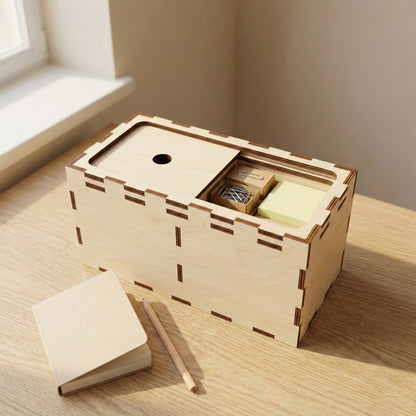 Laser cut plywood desk organizer box with a sliding lid. The lid is partially open, revealing small wooden compartments with paperclips and sticky notes inside. Shows finger joint edges, a finger hole for sliding, and a notebook and pencil nearby.