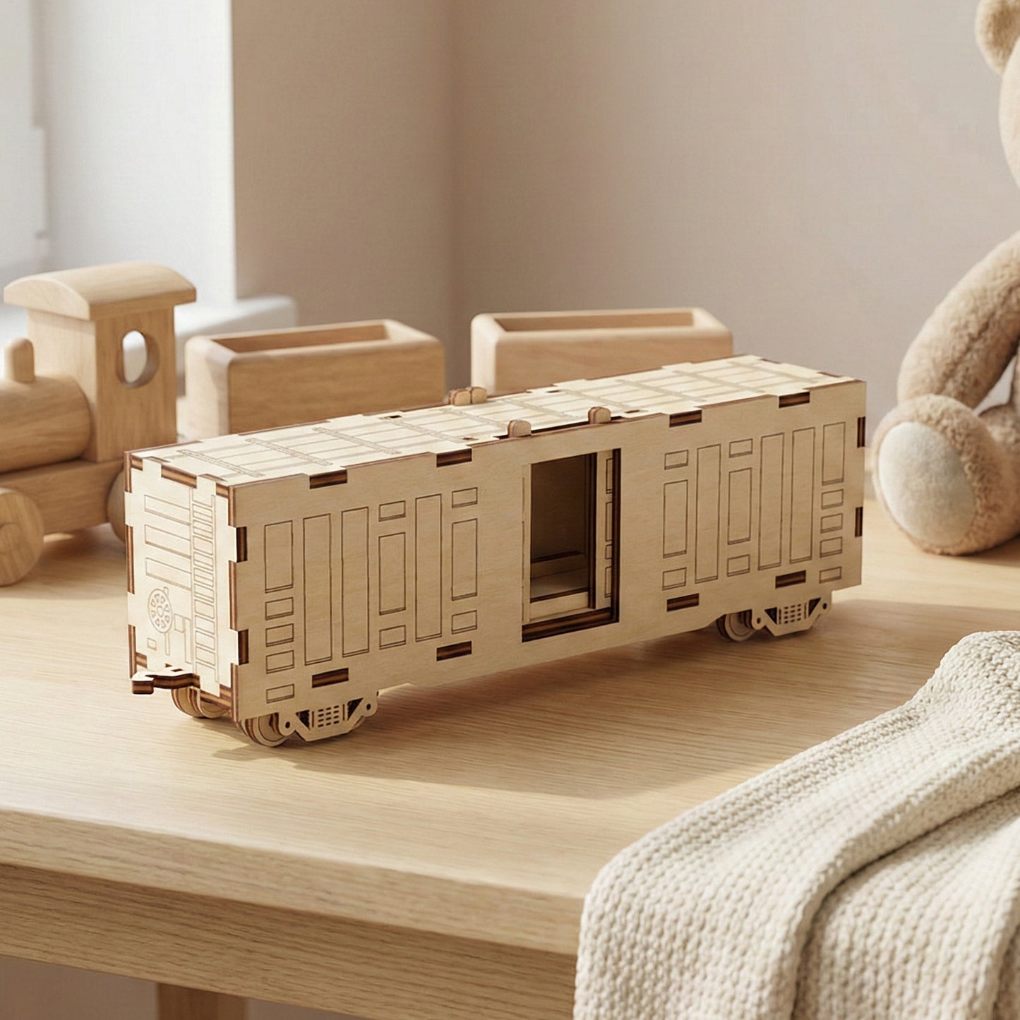 A detailed model of a railway boxcar made from laser cut plywood. Features engraved paneling, realistic wheels, and a sliding door shown in the open position. Posed on a light wood table next to a teddy bear and small wooden train.
