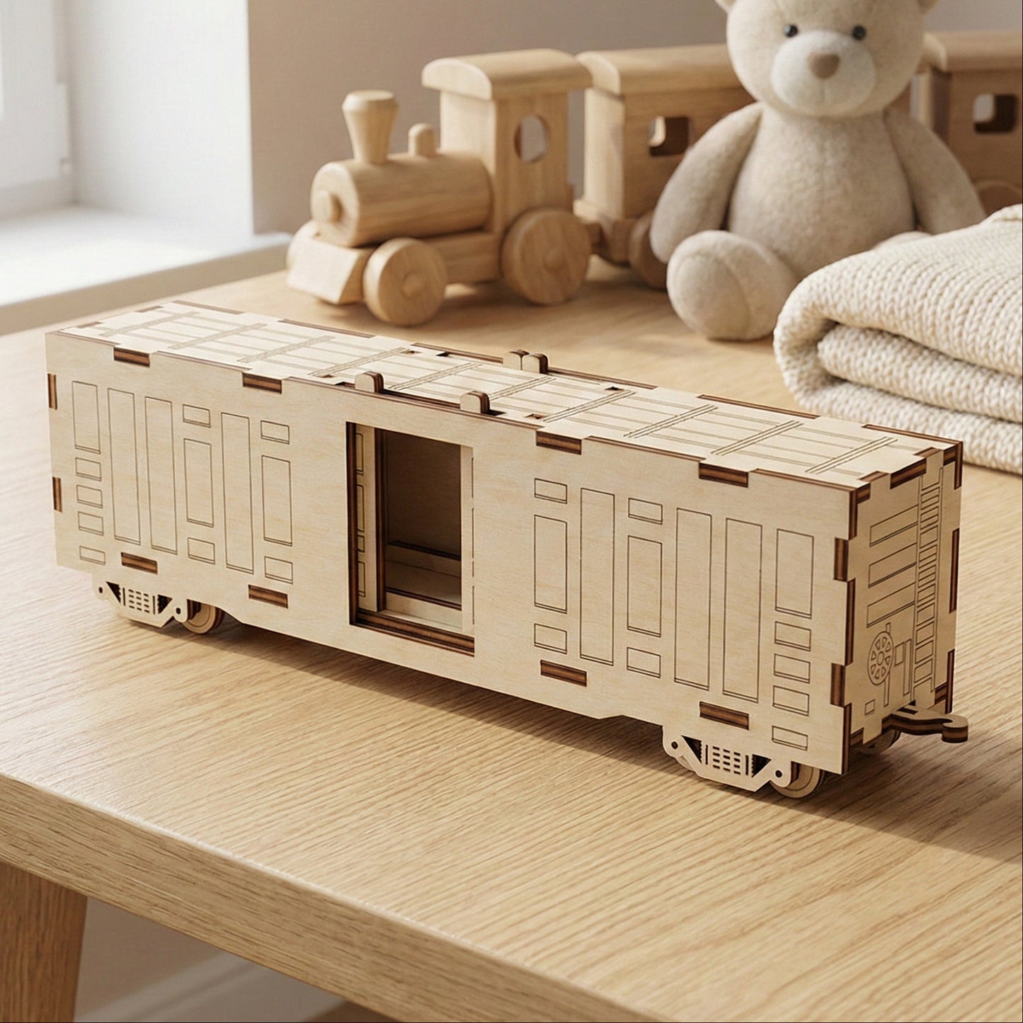 Side view of a laser cut plywood train boxcar with the sliding center door open. Intricate engraved details show ladders and mechanical parts. Shown on a wooden desk in a child's room setting with toy accessories.