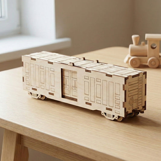 Laser cut plywood railway boxcar with the sliding door fully closed, showing the continuous engraved panel detail. The natural wood model is displayed on a table alongside a wooden toy train and a soft plush bear.