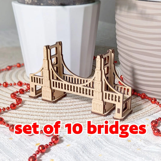 Detailed macro shot of a miniature bridge railing of laser cut plywood, showcasing intricate geometric cutouts and texture