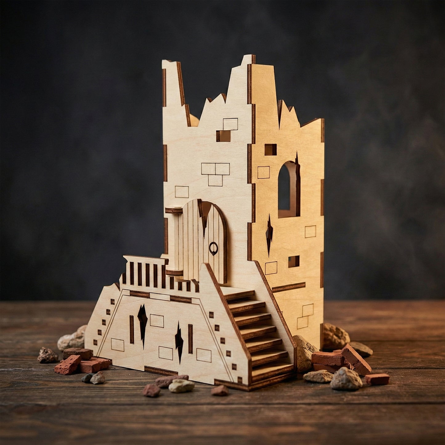 Front view of a ruined castle tower made from laser cut plywood. The model features a wooden door, stairs leading to a landing, and scorched-edge brick patterns. It sits on a dark wood surface surrounded by small stones and red brick fragments.