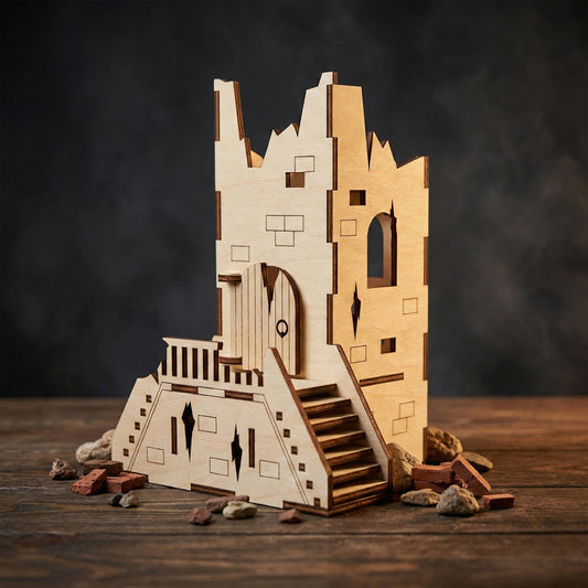 Front view of a ruined castle tower made from laser cut plywood. The model features a wooden door, stairs leading to a landing, and scorched-edge brick patterns. It sits on a dark wood surface surrounded by small stones and red brick fragments.