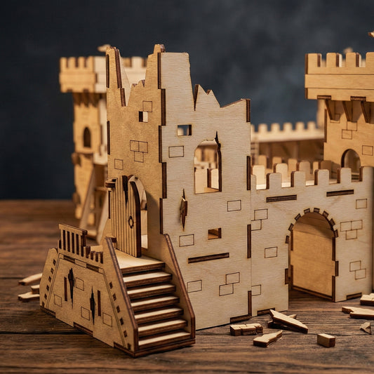 A close-up of the laser cut plywood tower integrated into a larger modular castle set. Other wooden towers and battlement walls are visible in the background, demonstrating how the piece connects with a full tabletop gaming fortification.