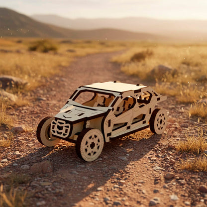 Laser cut wooden  plywood off-road buggy model featuring a detailed rear chassis and spare tire mounts. The 3D wooden puzzle is placed on a dirt path during golden hour with dry grass and hills in the background.