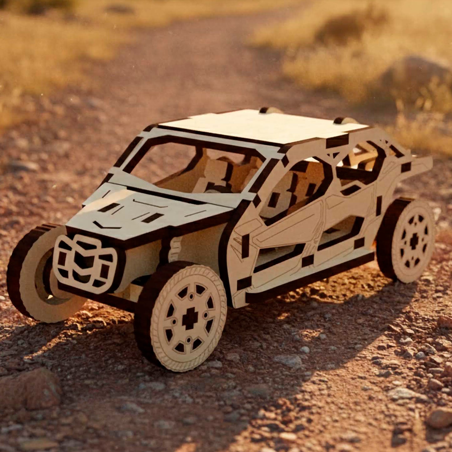 Laser cut wooden  plywood off-road buggy model featuring a detailed rear chassis and spare tire mounts. The 3D wooden puzzle is placed on a dirt path during golden hour with dry grass and hills in the background.