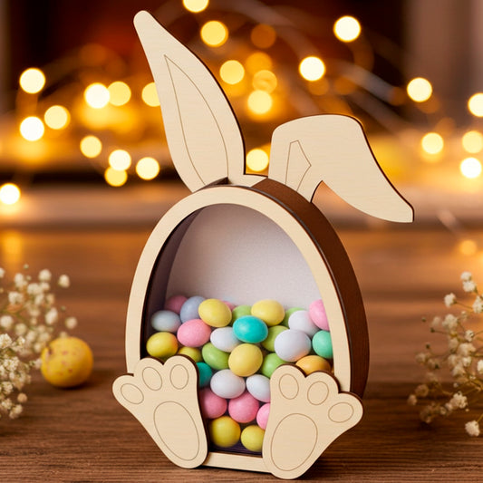 Laser cut plywood wooden bunny coin bank or candy box, filled with colorful pastel Easter chocolate eggs, sitting on a rustic table with soft, golden fairy lights and baby's breath flowers in the warm background.
