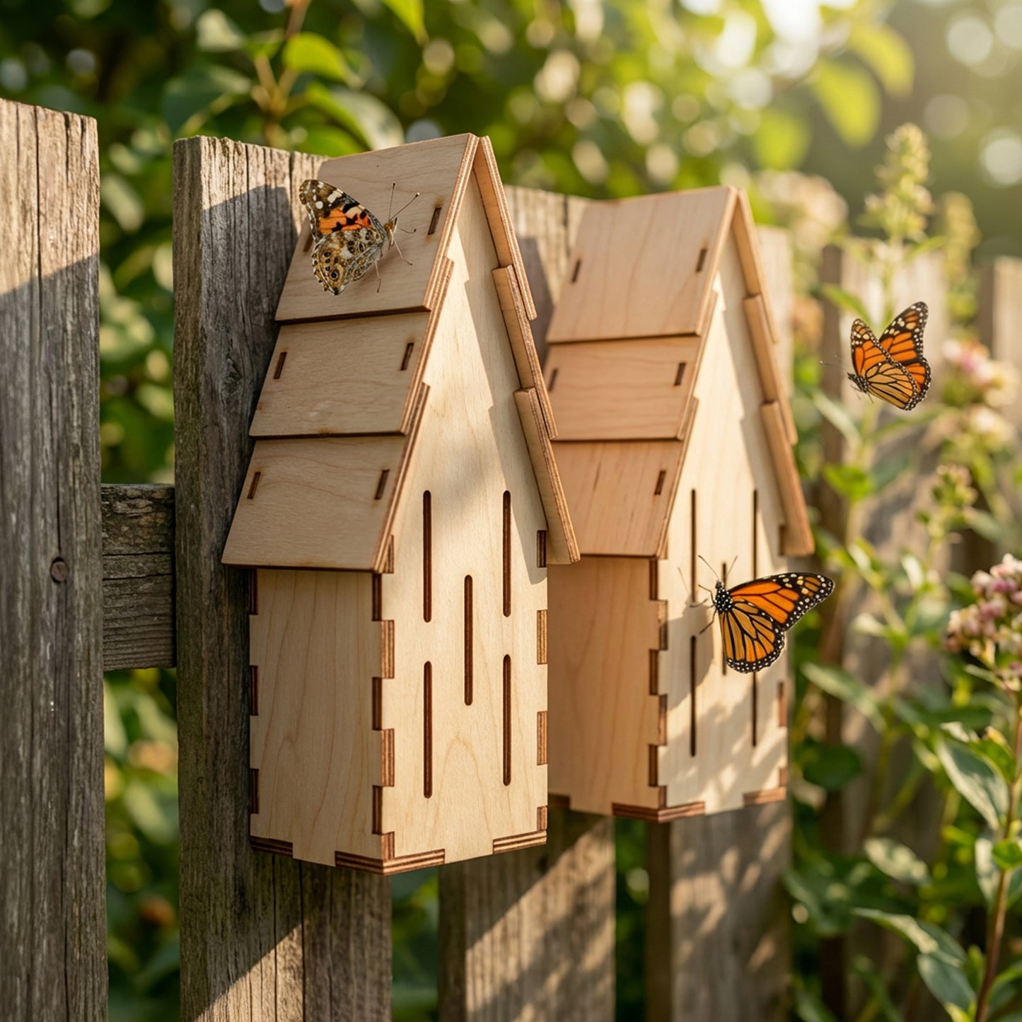 Pair of natural wood laser cut butterfly shelters featuring peaked roofs and ventilation slits, attracting vibrant butterflies on a wooden fence background.