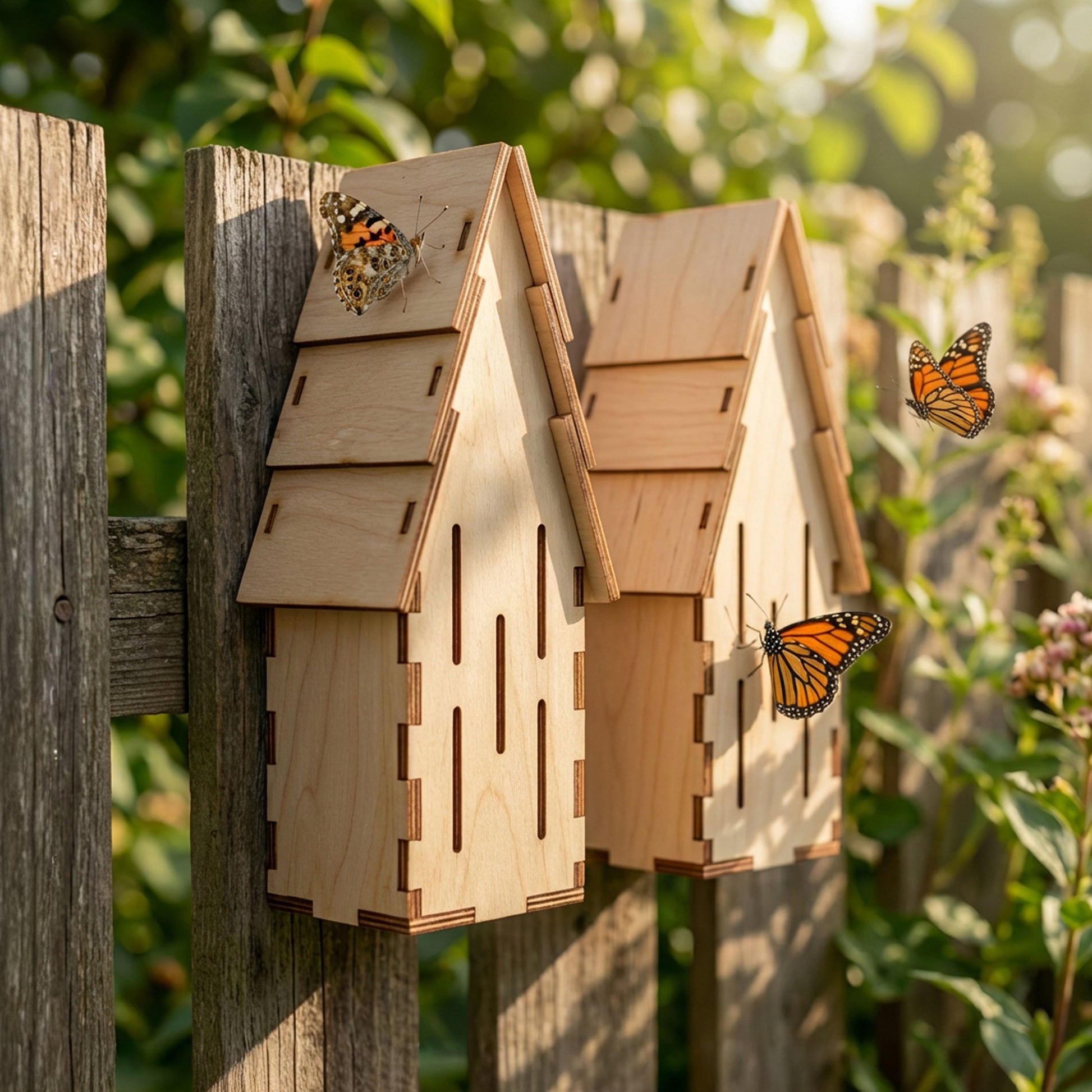 Pair of natural wood laser cut butterfly shelters featuring peaked roofs and ventilation slits, attracting vibrant butterflies on a wooden fence background.