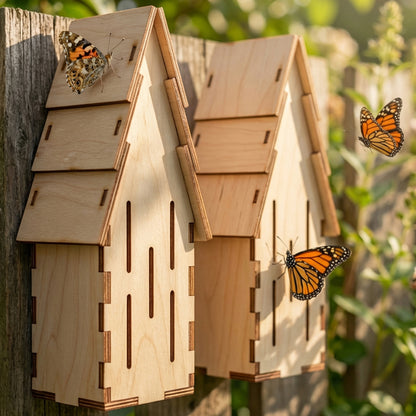 Laser cut wooden butterfly houses shaped like cozy cottages, mounted on a rustic fence with colorful butterflies fluttering around, in a sunny garden setting.