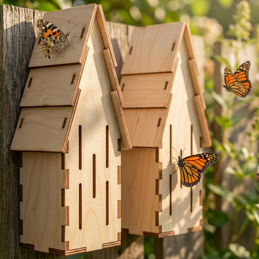 Laser cut wooden butterfly houses shaped like cozy cottages, mounted on a rustic fence with colorful butterflies fluttering around, in a sunny garden setting.