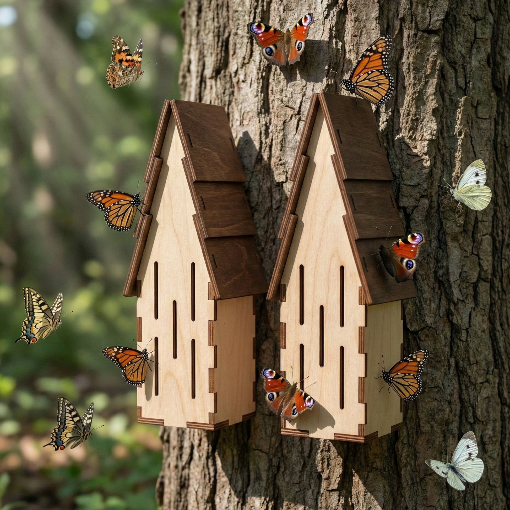 Laser cut wooden butterfly houses in light and dark tones, fixed to a tree trunk with detailed slotted sides and decorative butterfly accents, on a lush outdoor background.