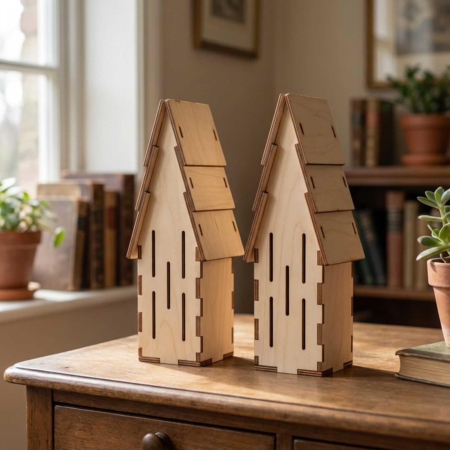 Pair of laser cut wooden butterfly house decorations in natural finish, with layered gable roofs and vertical slots, displayed on a cozy indoor table background.