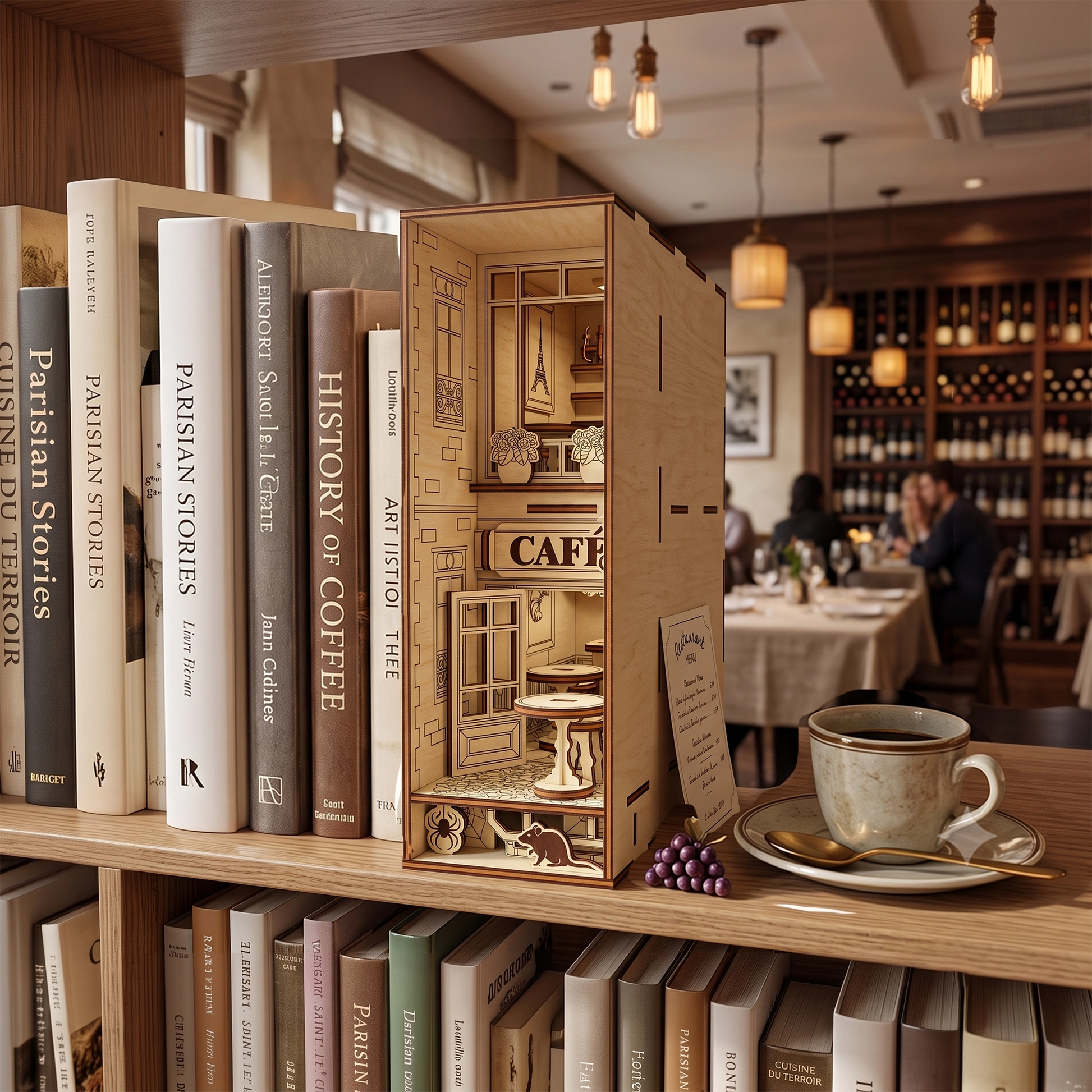 An assembled café book nook made of laser cut plywood, styled on a wooden shelf in a restaurant setting.