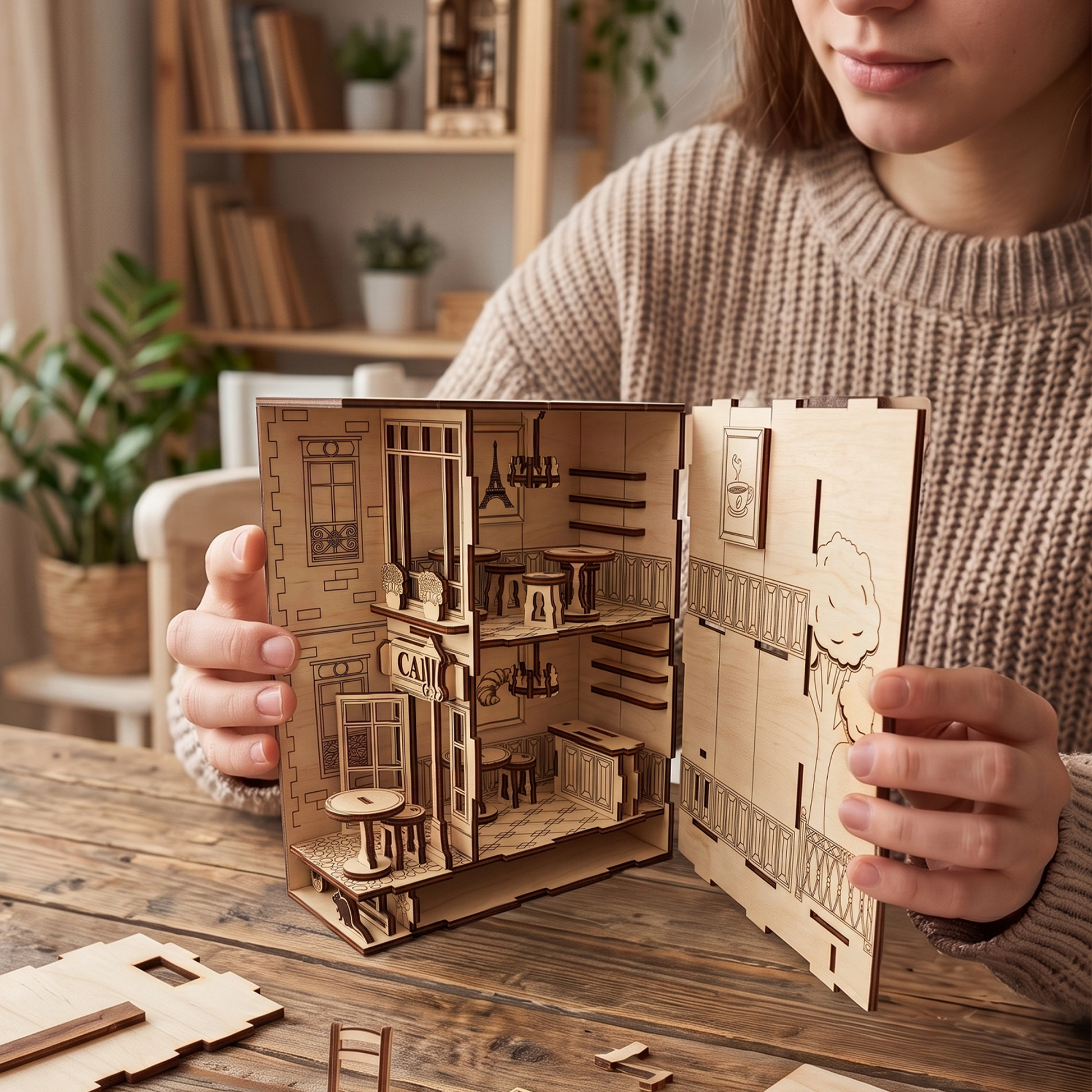 A person assembling a café book nook model, demonstrating the detailed laser cut plywood components.