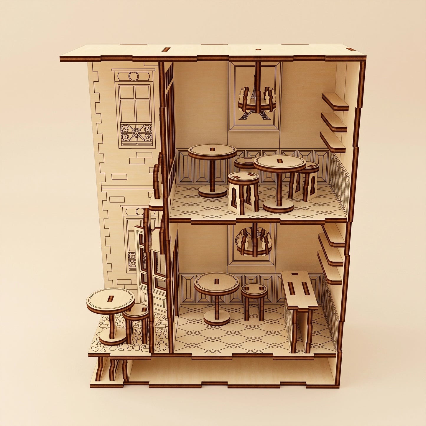 A 3D render showing the interior structure and furniture of a laser cut plywood café book nook model.