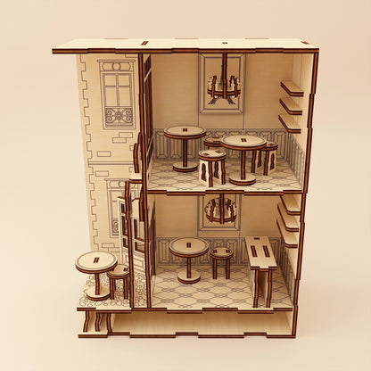A 3D render showing the interior structure and furniture of a laser cut plywood café book nook model.