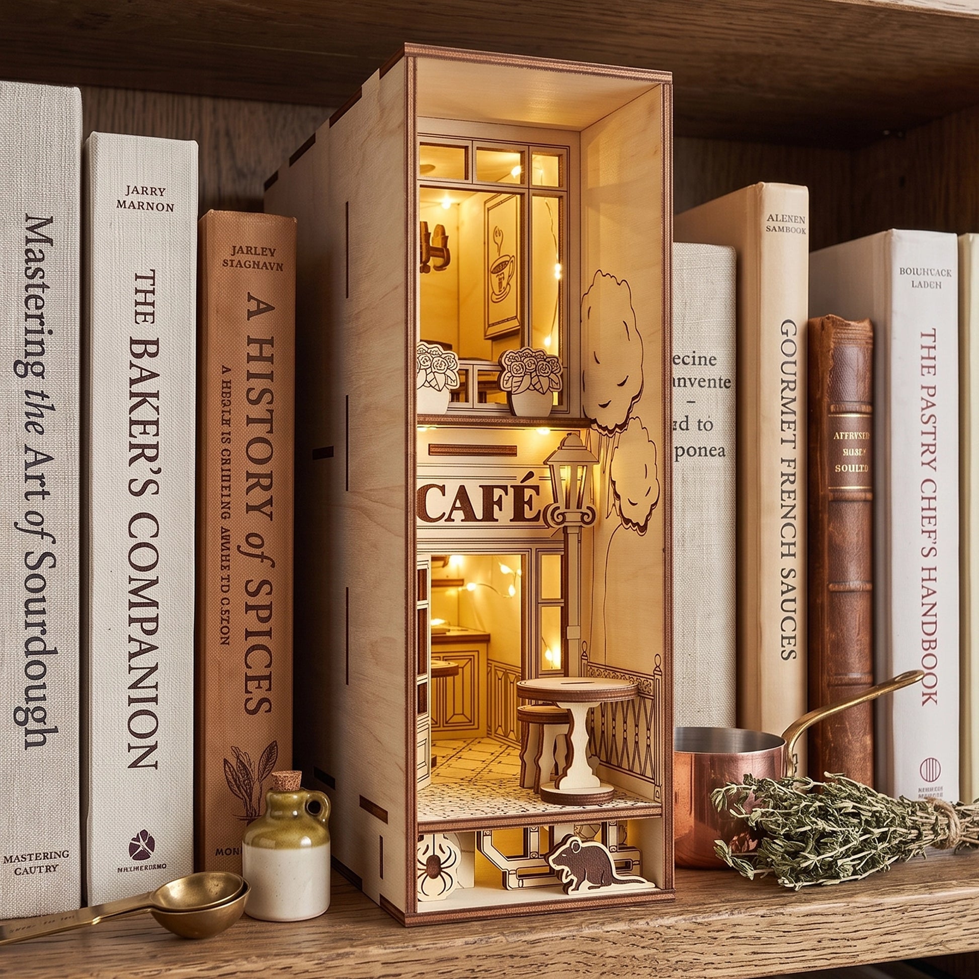 An illuminated café book nook made of laser cut plywood, displayed on a wooden shelf between vintage books.