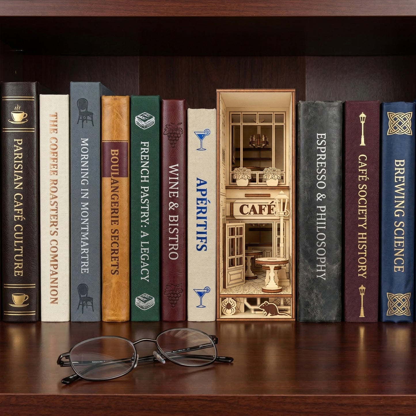 A charming Café Book Nook diorama made of laser cut wood, displayed behind reading glasses with a classic wooden library background.
