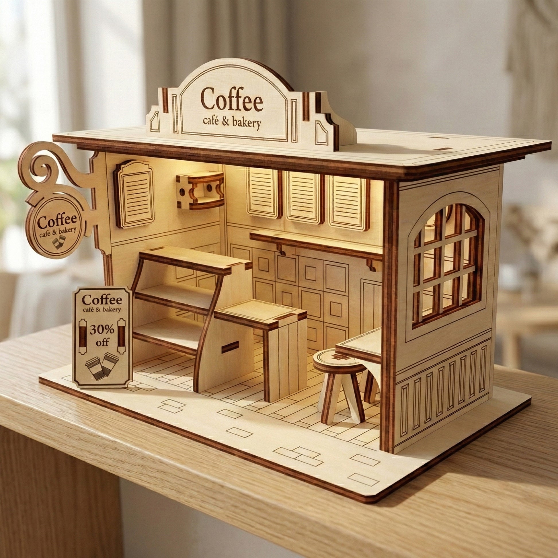 Three-quarter view of a miniature coffee shop diorama made of laser cut plywood. The light-colored wood features dark-edged burnt details, a "Coffee café & bakery" sign, a 30% off easel, and a detailed interior with shelving and a stool.