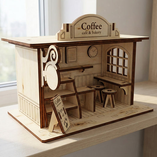 Side view of a miniature plywood cafe kit. The laser cut wooden structure sits on a light wood table, showing a window with a lattice frame, a wall clock detail, and tiny furniture. Natural sunlight highlights the smooth wood grain and dark edges.