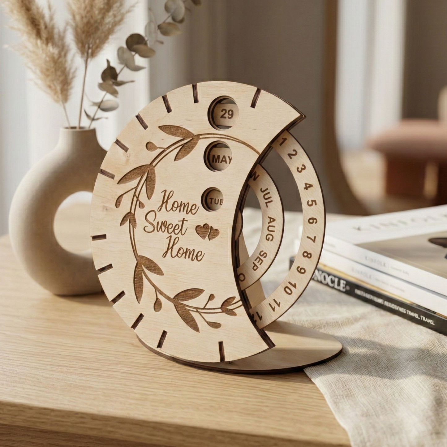Wooden ;aser cut perpetual round calendar with 'Home Sweet Home' engraving on a wooden surface.