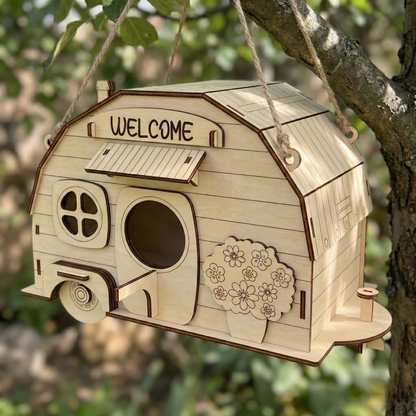 Wooden laser cut birdhouse shaped like a camper van with 'Welcome' sign, flowers, and circular window, hanging from a tree.