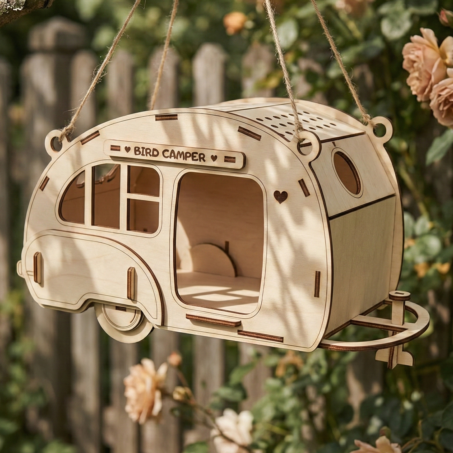 Wooden laser cut bird house shaped like a camper hanging from a tree branch with flowers in the background.
