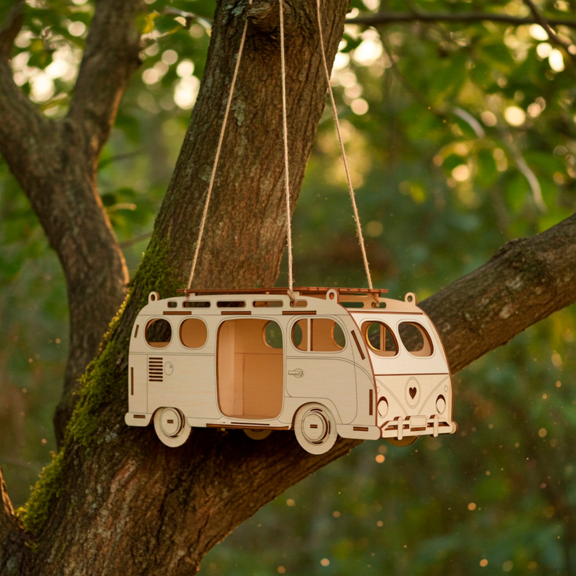 Laser cut wooden  plywood Camper Van Birdhouse or treat dispenser, hanging by twine ropes from a mossy tree branch. The detailed design, resembling a vintage bus with windows and a roof rack, is illuminated by warm golden-hour light against a blurred green forest backdrop. Perfect DIY craft kit for garden decor and bird feeding.