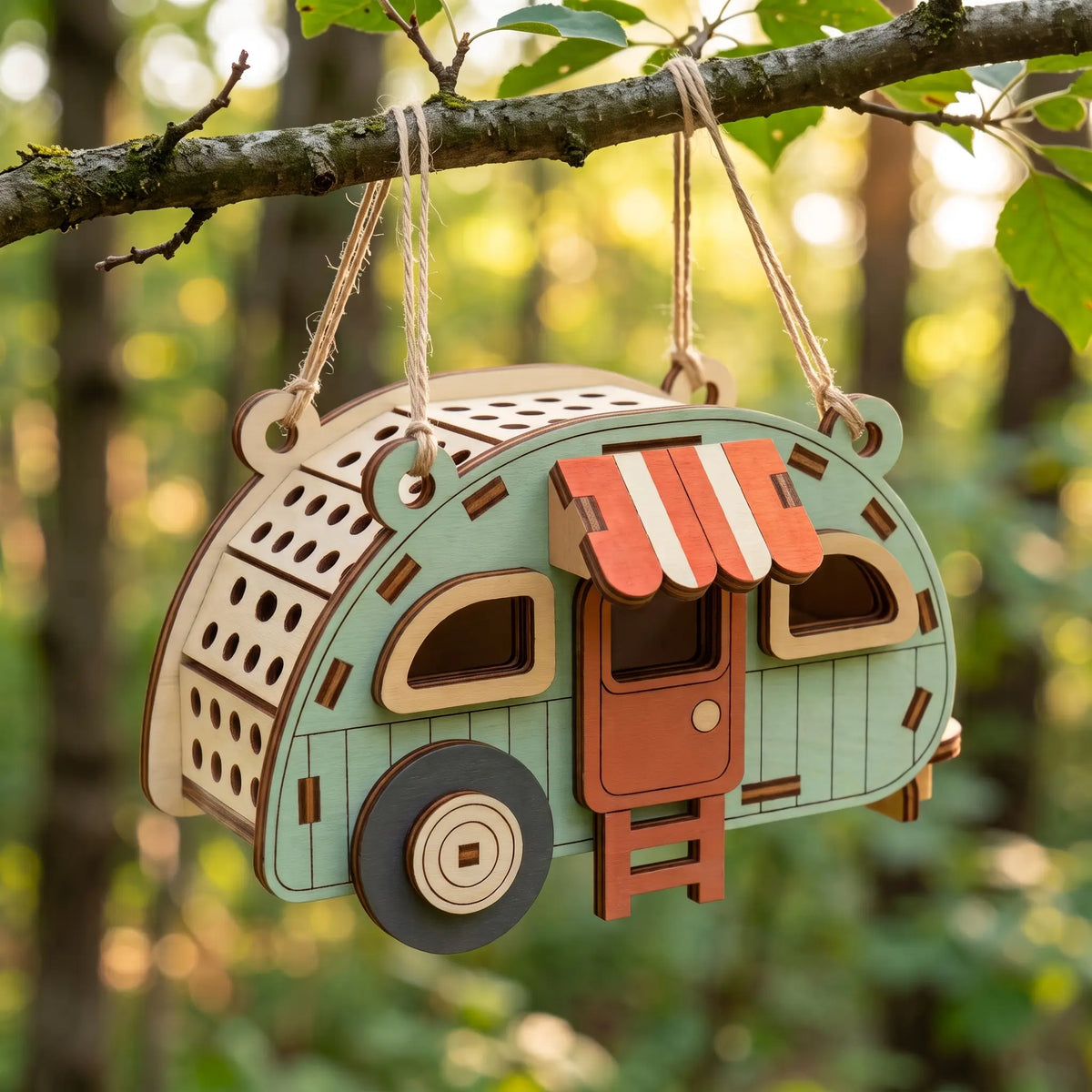 Painted mint green laser cut plywood camper ornament with orange awning hanging from tree branch in green forest.