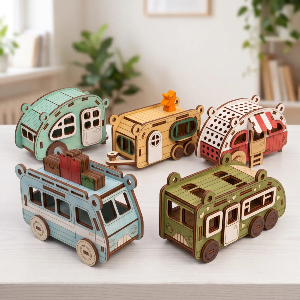 Set of five painted laser cut plywood camper models and travel vans displayed on light wooden table in bright room
