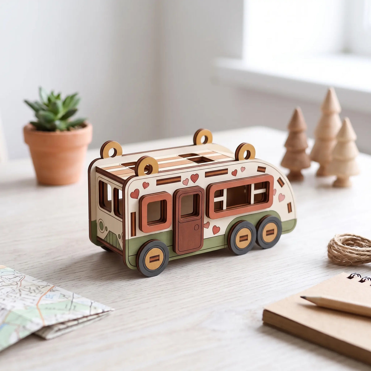 Painted laser cut plywood camper van miniature on desk beside travel map, pencil notebook, and small wooden trees.