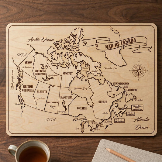 Laser cut plywood map of Canada with engraved province borders, city names, and oceans. Features a decorative banner and compass rose on natural light wood. Desktop display shown next to a cup of tea and pencil for size reference.