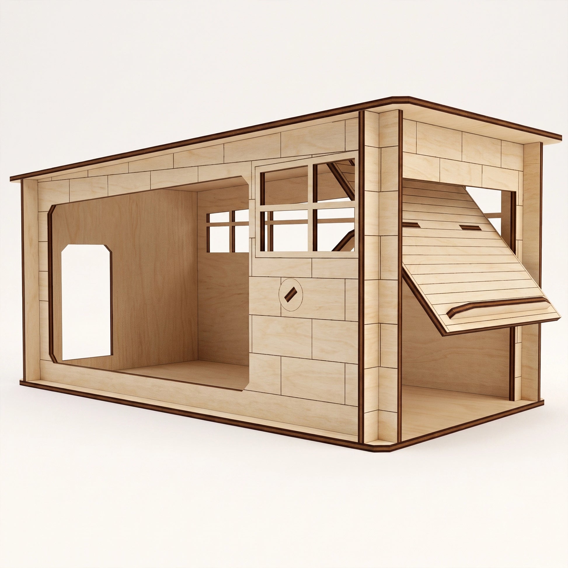 Three-quarter studio view of the assembled laser-cut plywood garage model with its door partially open