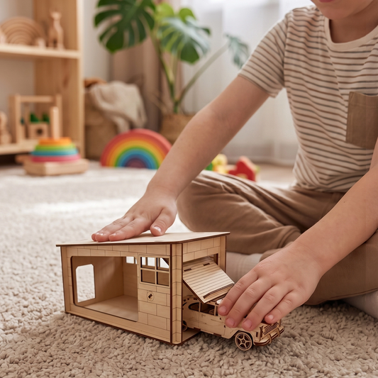 A child plays with the laser-cut plywood garage and vintage car model on a beige carpet in a sunlit playroom