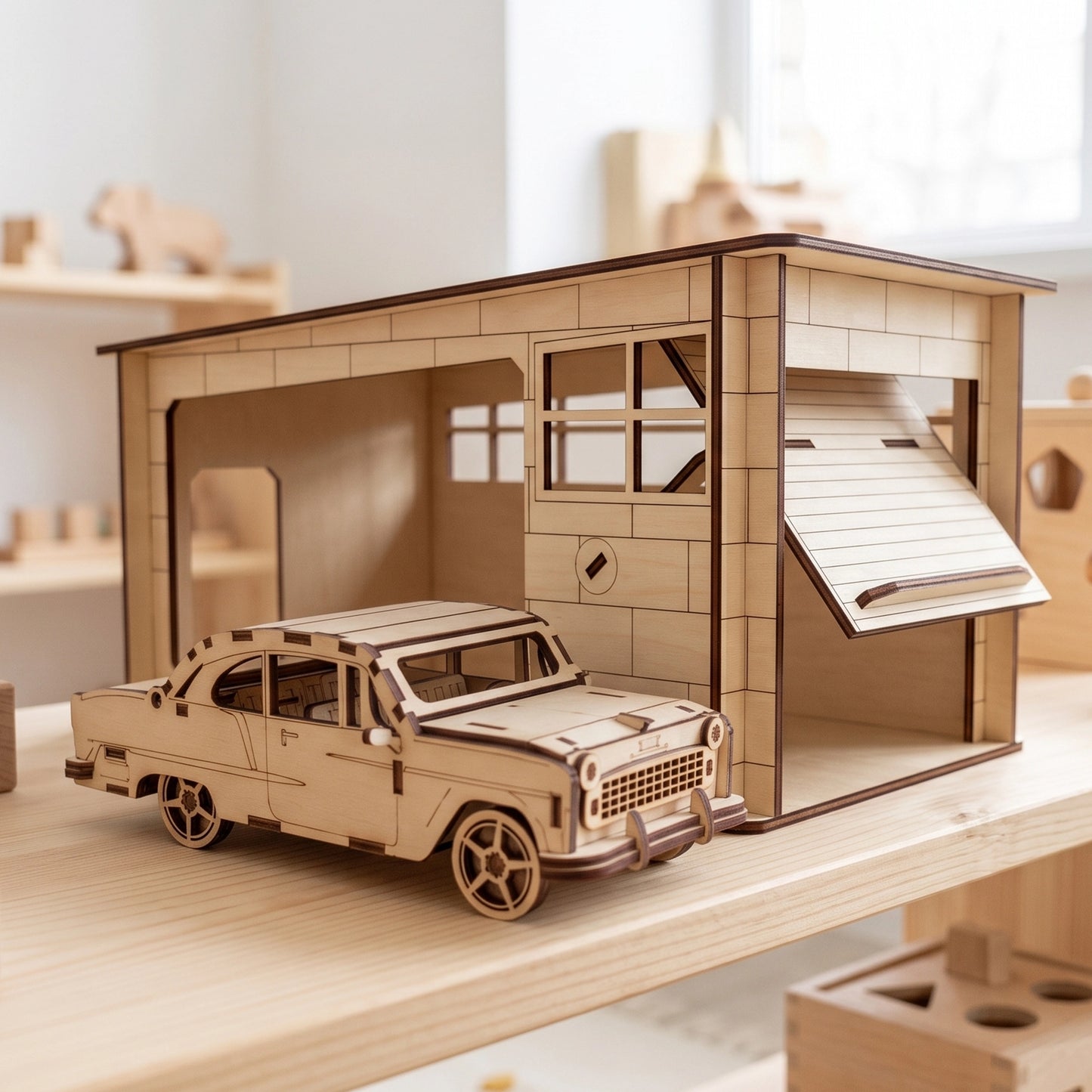 Close-up of a laser-cut plywood garage and car model on a wooden shelf, showing detailed windows and wheels