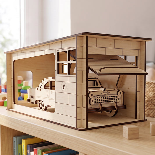 Laser-cut plywood garage and vintage car model on a wooden shelf, with the garage door partially open.